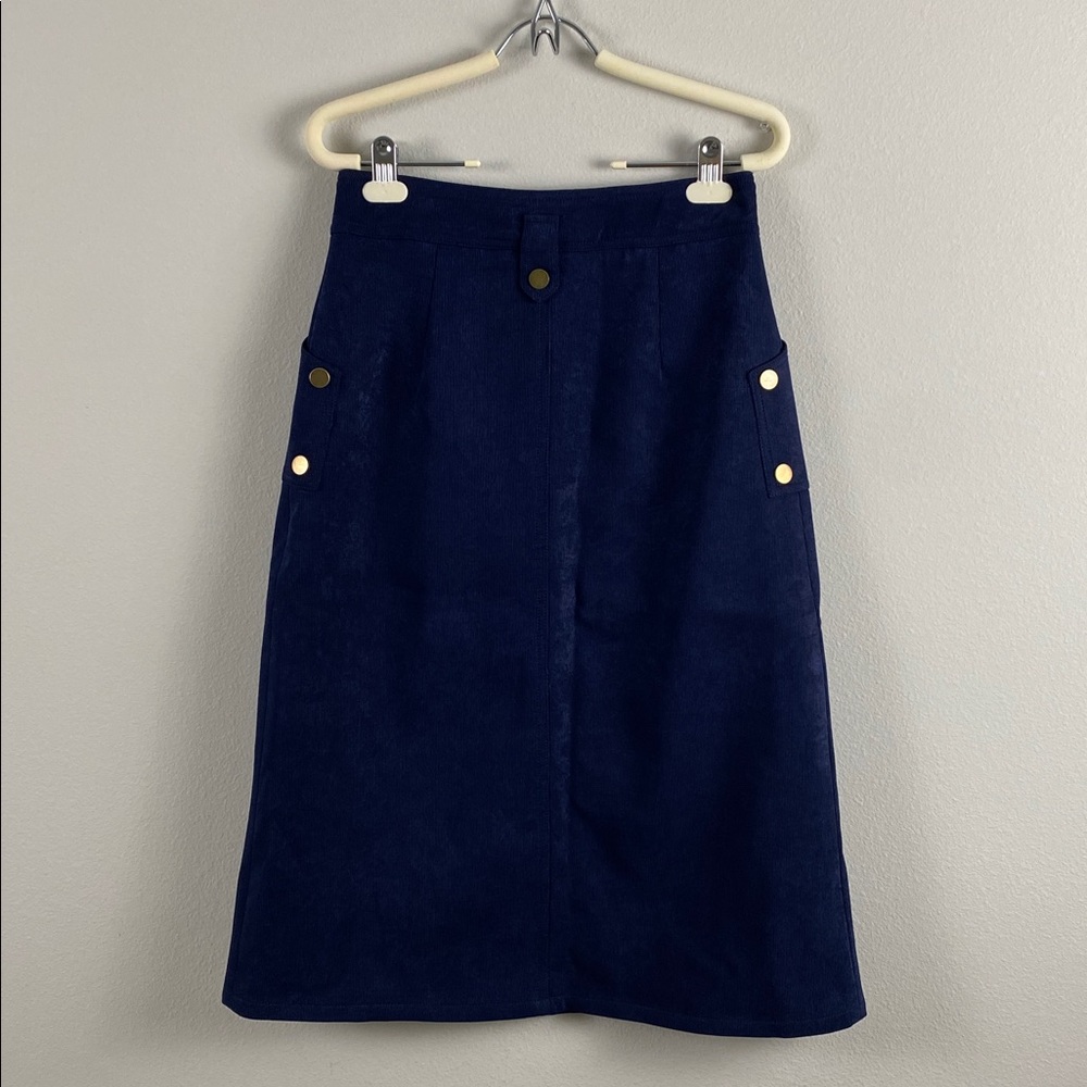 Vee Corduroy Midi Skirt | Lined, Front Slit, 2 Pockets | Navy/Gold - Picture 2 of 15